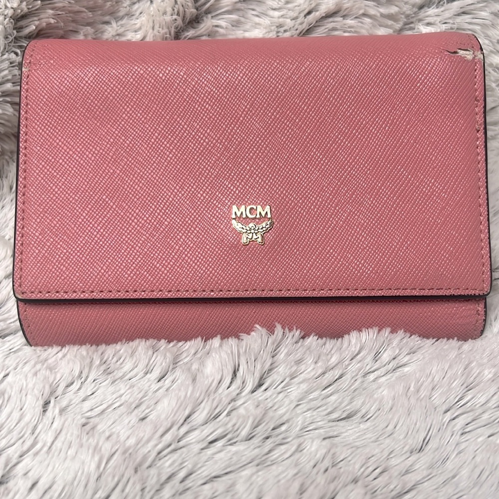 MCM Pink Pebbled Leather Trifold Flap Wallet